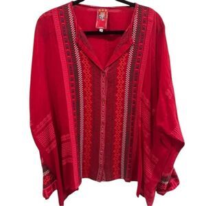Johnny Was Red Embroidered Boho Blouse Women’s Small
